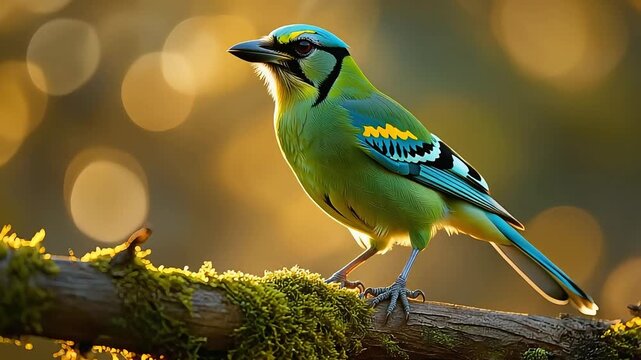 Vibrant green jay perched on a mossy branch at golden hour
