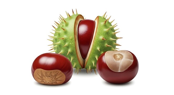 Three horse chestnuts, one inside a spiky green husk and two smooth brown nuts, arranged together against a plain white background