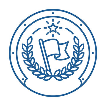 Blue line art badge icon featuring a flag star and laurel wreath for achievement and success.
