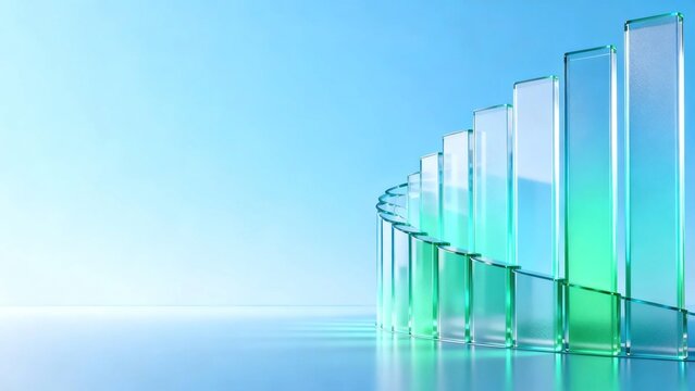 Transparent green glass bar chart arranged in an upward curved growth trend on light blue background, business financial growth development concept