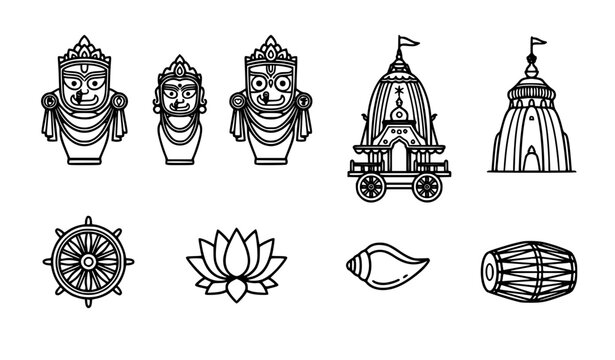 Lord Jagannath Balabhadra Subhadra deities and Rath Yatra line icon set