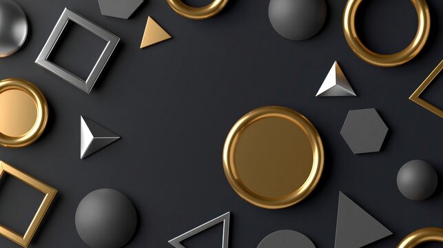 Scattered 3d metallic gold and silver geometric shapes on dark gray background leaves central empty space, ideal for luxury premium product display and brand presentation