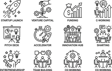 Fototapeta premium Collection of twelve black and white line art business icons representing professional startup concepts and corporate development on white background