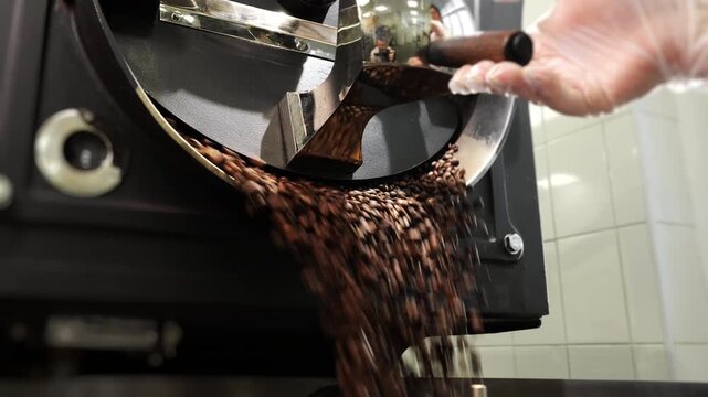 Freshly roasted coffee beans pour from a commercial roasting machine as the operator opens the discharge door. Coffee production, roasting process and food manufacturing.