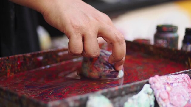 Artist Performing Ebru Water Marbling on a Ceramic Object