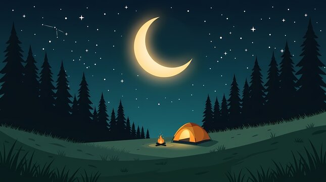 Low angle view of a small glowing orange dome tent with a cozy campfire on a grassy hill, surrounded by pine trees under a large glowing crescent moon and starry night sky in a minimalist flat vector 