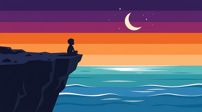 Minimalist flat vector illustration of a young child silhouette sitting peacefully on the edge of a high coastal cliff, gazing at a serene ocean sunset with a glowing crescent moon under a colorful tw