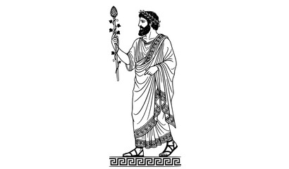 Fototapeta premium Ancient Greek Mythological Bearded Figure with Ceremonial Wand Vector Line Illustration