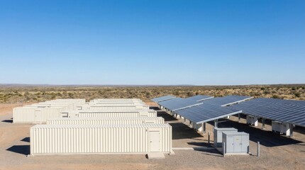 Building Sustainable AI Infrastructure with Energy-Efficient Data Centers, Solar farm with battery storage in a desert landscape under a clear blue sky. © Passakorn