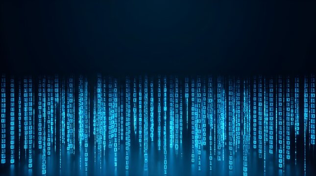Glowing blue digital binary code raining down on dark background