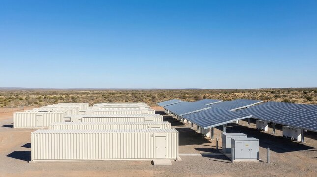 Building Sustainable AI Infrastructure with Energy-Efficient Data Centers, Solar farm with battery storage in a desert landscape under a clear blue sky.