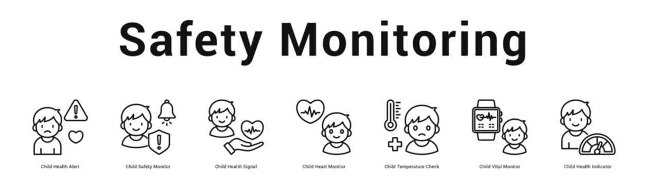 Safety Monitoring web banner icon vector illustration concept, Child Health Alert, Child Safety Monitor, Child Health Signal, Child Heart Monitor, Chi