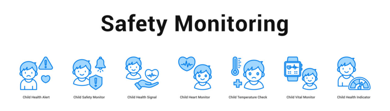 Safety Monitoring web banner icon vector illustration concept, Child Health Alert, Child Safety Monitor, Child Health Signal, Child Heart Monitor, Chi