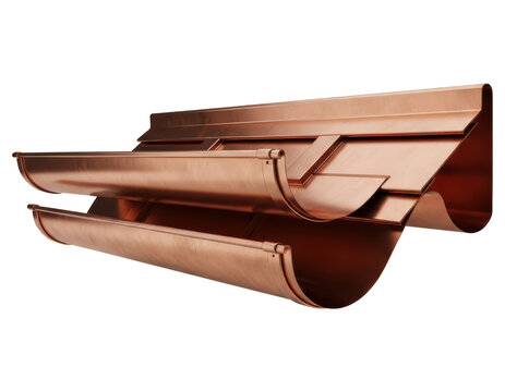 Polished architectural copper rain gutter system components for drainage transparent background