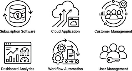 Fototapeta premium Set of six black and white linear icons representing modern business software solutions and digital technology concepts on white background