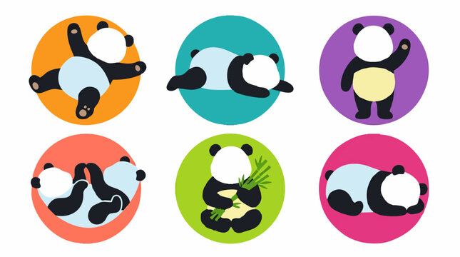 Cute Cartoon Panda Bears in Various Poses on Colored Circles, Vector Set