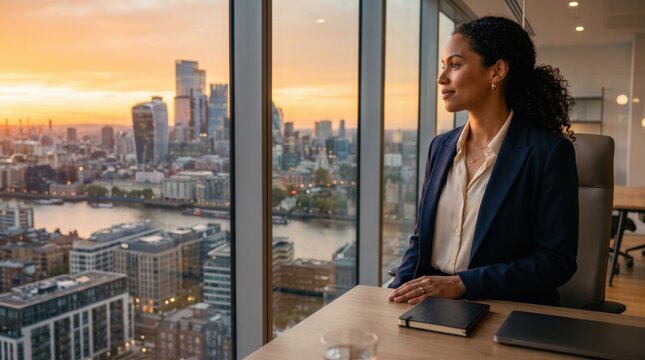 Female entrepreneur looking out office window at serene cityscape during sunset for modern business inspiration and design