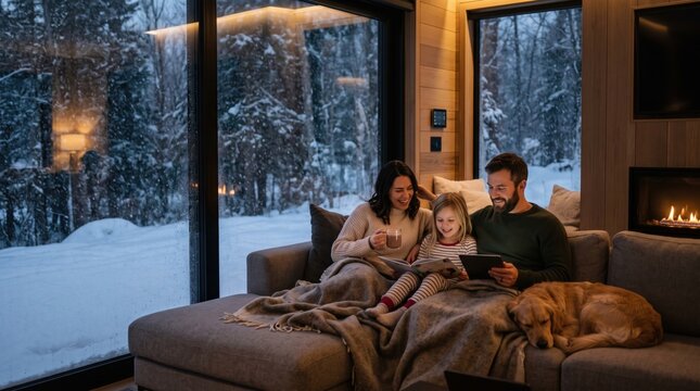 Family enjoying cozy evening in modern home living room with fireplace and snowy landscape outside for winter relaxation concept