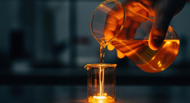 Laboratory chemical pour in glass beaker with home automation sensor light
