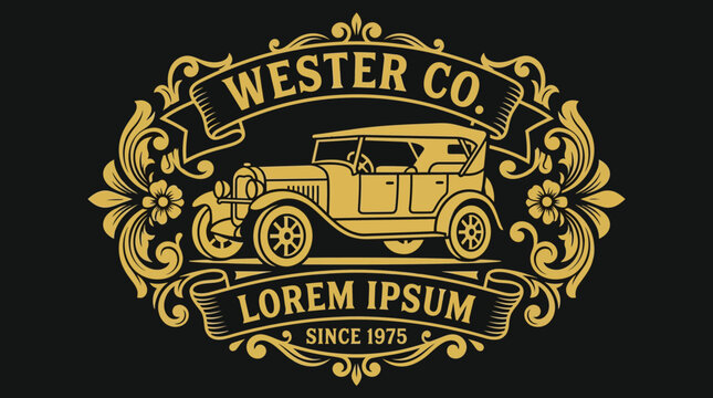 Vintage Car Emblem with Ornate Gold Design and Text.