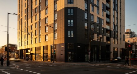 Obraz premium Modern Skyscraper Facade With Warm Golden Hour Sunlight