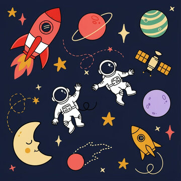 Cute Space Clipart Set with Astronauts, Rockets, Planets, Moon, Stars, Satellite and UFO Isolated PNG Collection for Kids Designs