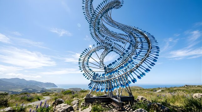 Large spoon sculpture art installation against a blue sky on a grassy hill