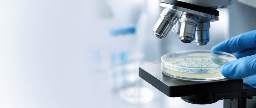 Antimicrobial resistance testing concepts. Close-up of gloved hand holding petri dish under microscope in laboratory