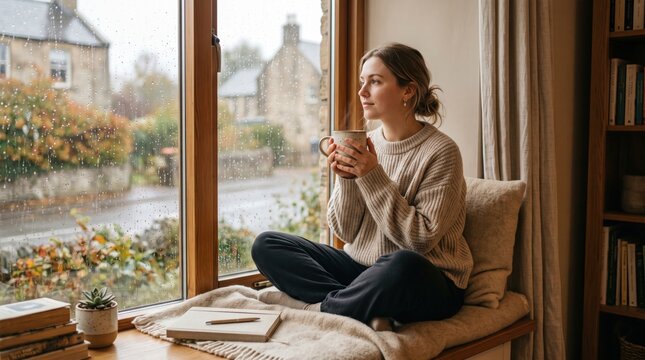 Cozy autumn scene with person sitting on windowsill holding a mug, enjoying rainy day ambiance