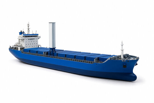 Modern blue container cargo ship with a vertical wind-assisted propulsion sail, presented as a detailed 3D render on a clean white background.