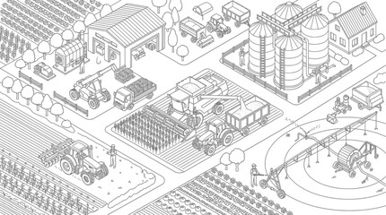 Fototapeta premium Isometric illustration of a modern farm with fields, buildings, and agricultural machinery in a line art style.