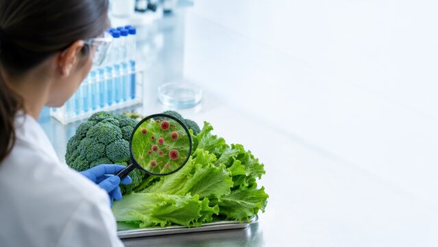 Laboratory Scientist Inspecting Fresh Vegetables for Cyclospora Parasite Contamination with Copy Space
