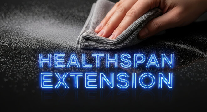 Health research biohacking longevity cleaning hand on dark surface