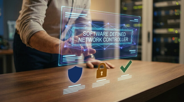 IT Engineer Interacting with Futuristic Holographic Interface for Software Defined Network Controller and Cybersecurity Management in Data Center.