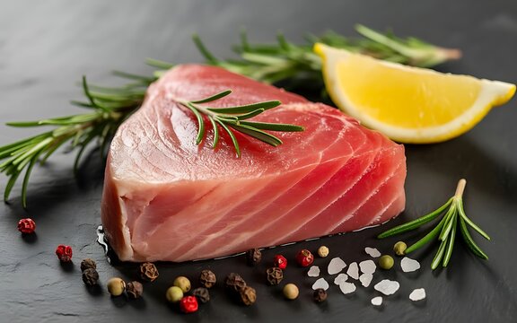 A raw fresh tuna steak seasoned with aromatic rosemary sprigs and fresh lemon slices on a dark stone table with peppercorns