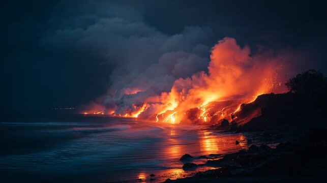 intense orange flames reflecting on dark water create a dramatic and fiery scene at night.
