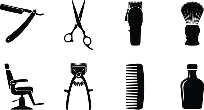 Professional vector set of black silhouette barber shop icons featuring hair salon grooming tools equipment and barber chair