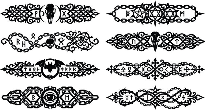 Set of gothic tribal tattoo borders with occult symbols, skulls, pentagrams, runes, and chains in black silhouette.