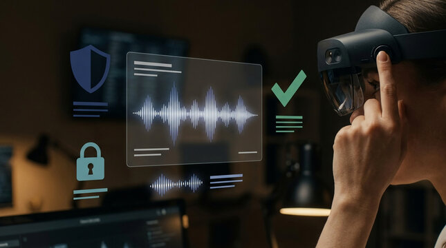 Futuristic data security expert analyzing voice patterns and encryption levels using mixed reality goggles with holographic interface in a lab.