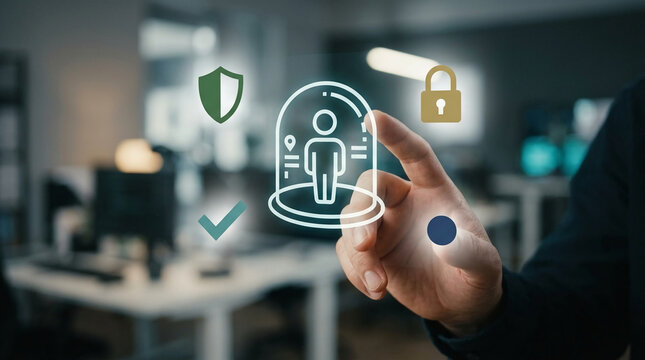 Cybersecurity concept with a hand touching a digital interface showing privacy icons like a shield, lock, and human figure in a dome in a modern office.