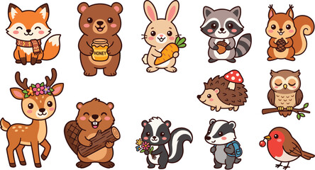 Fototapeta premium Cute Woodland Animal Characters Vector Set featuring Fox, Bear, Rabbit, Raccoon, Squirrel, Deer, Beaver, Skunk, Hedgehog, Owl, Badger, and Robin Bird for Children Designs
