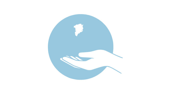 Greenland Map Silhouette in Open Hand Above Blue Circle, Climate Change Concept