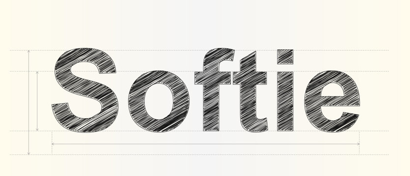 Artistic handwritten typography of the word softie displayed with professional architectural measurement lines and scale guides