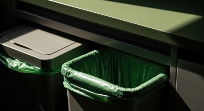Modern Recycling Bins With Green Liners In Sunlight