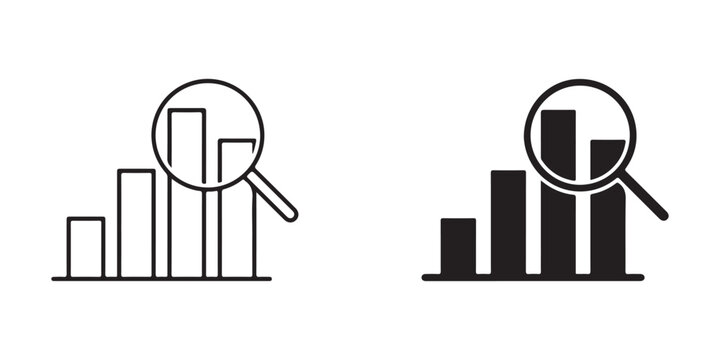 Magnifying glass examining bar chart graphics with increasing and decreasing trends side by side illustration