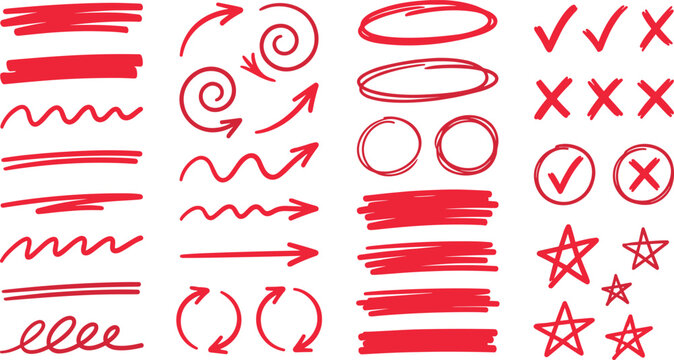 Red Hand Drawn Marker Vector Set Featuring Underlines Highlight Strokes Arrows Circles Check Marks and Stars Elements