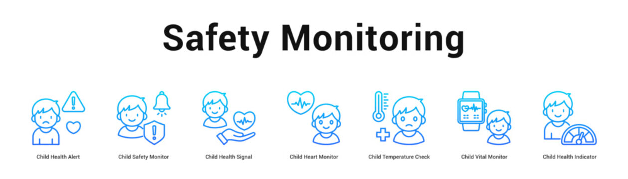 Safety Monitoring web banner icon vector illustration concept, Child Health Alert, Child Safety Monitor, Child Health Signal, Child Heart Monitor, Chi
