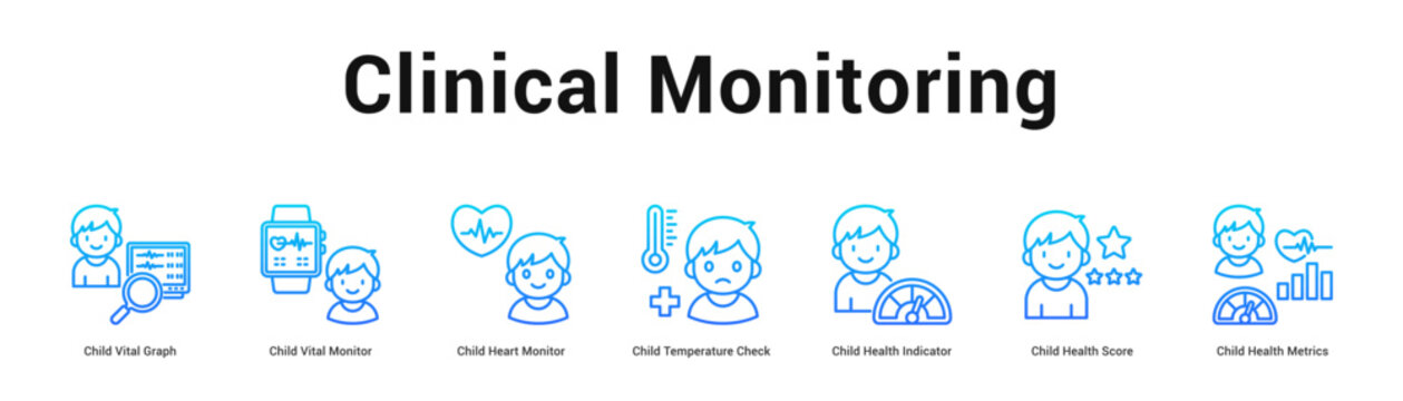 Clinical Monitoring web banner icon vector illustration concept, Child Vital Graph, Child Vital Monitor, Child Heart Monitor, Child Temperature Check,