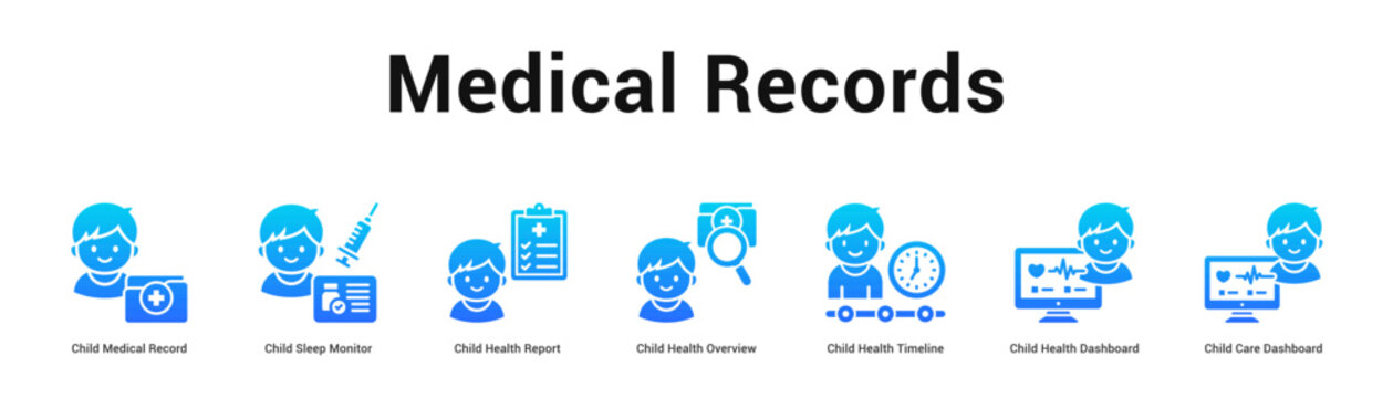Medical Records web banner icon vector illustration concept, Child Medical Record, Child Sleep Monitor, Child Health Report, Child Health Overview, Ch