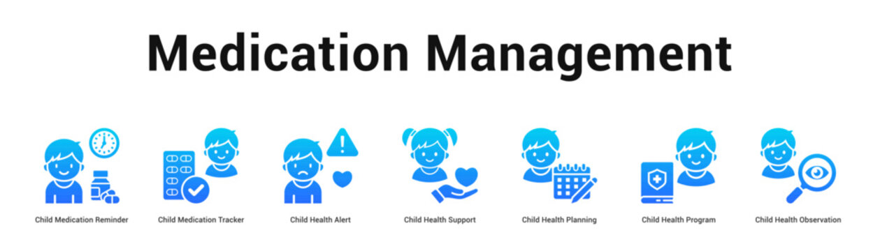 Medication Management web banner icon vector illustration concept, Child Medication Reminder, Child Medication Tracker, Child Health Alert, Child Heal